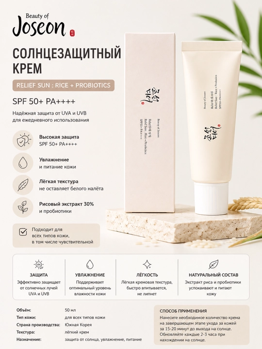 Солнцезащитный крем Beauty of Joseon Relief Sun Rice + Probiotics SPF50+ PA++++ 50 мл - 