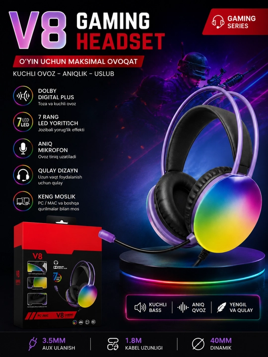 Игровые наушники, наушники для компьютера c микрофоном, проводные с, с RGB подсветкой - 