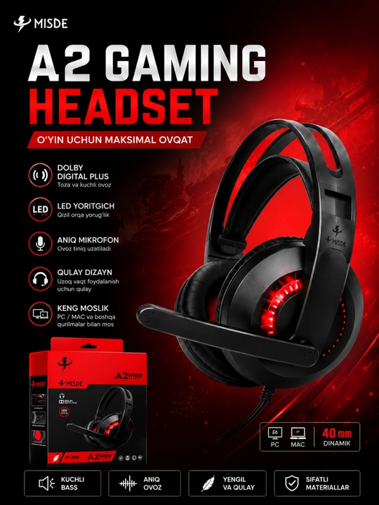 Игровые наушники, наушники для компьютера c микрофоном, проводные с, с RGB подсветкой - 