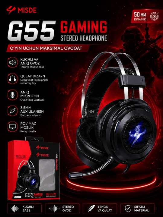 Игровые наушники, наушники для компьютера c микрофоном, проводные с, с RGB подсветкой - 
