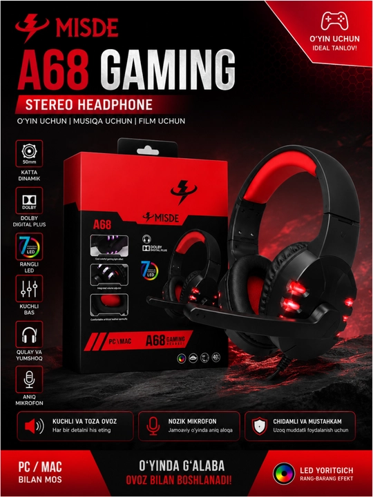 Игровые наушники, наушники для компьютера c микрофоном, проводные с, с RGB подсветкой - 