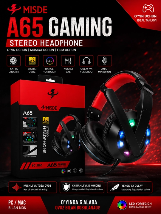 Игровые наушники, наушники для компьютера c микрофоном, проводные с, с RGB подсветкой - 