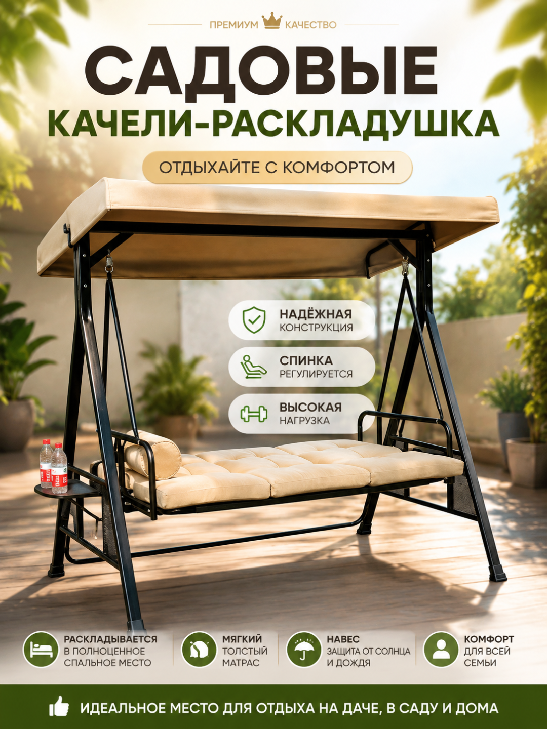 Садовые качели 3-местные, 195x150x200 см, с зонтом, серые - 