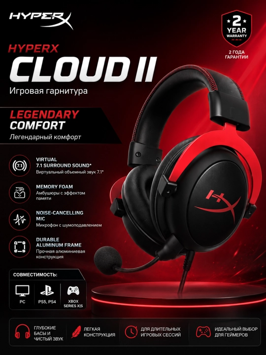 Проводные игровые наушники HyperX Cloud II Cloud 2 для компьютера и ноутбука - 