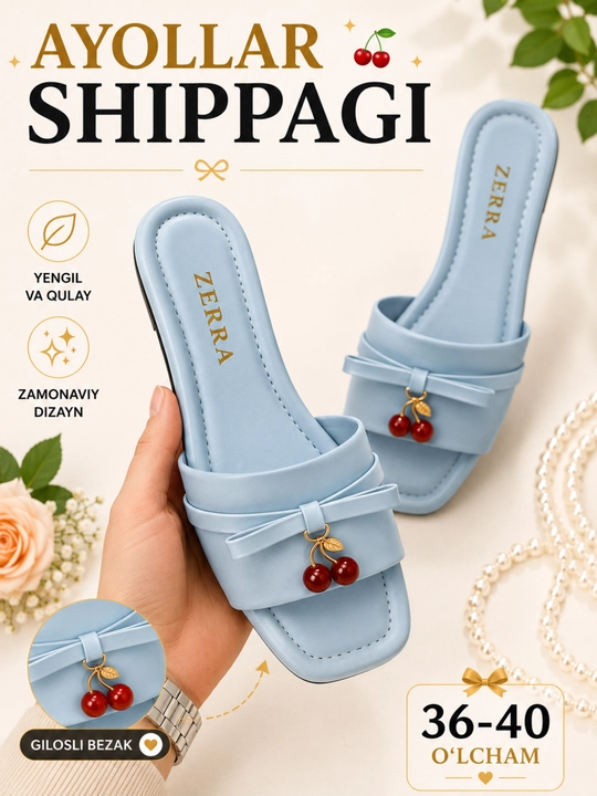 Ayollar shippaklari, zamonaviy gilos bezakli tapichkalar, yoz uchun mos shlepanslar, 36-40 - 