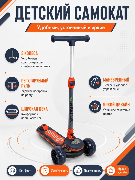 Детский трехколесный самокат Axelus с регулируемой ручкой - 