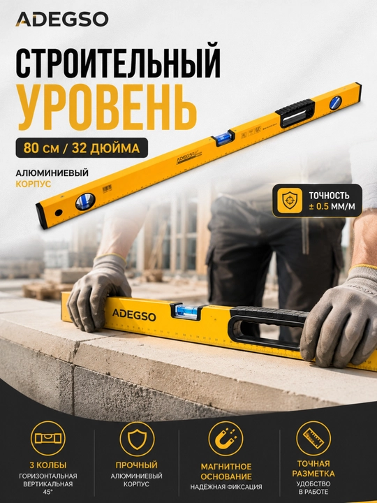 Строительный уровень ADEGSO 80 см / 32 дюйма — алюминиевый корпус - 