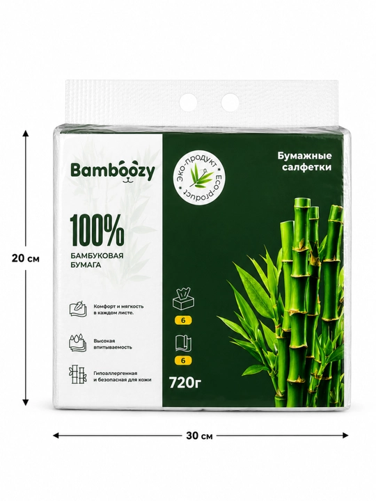 Qog‘oz salfetkalar, 100% bambuk, 6 qatlam, 6 dona, yumshoq, 720 g