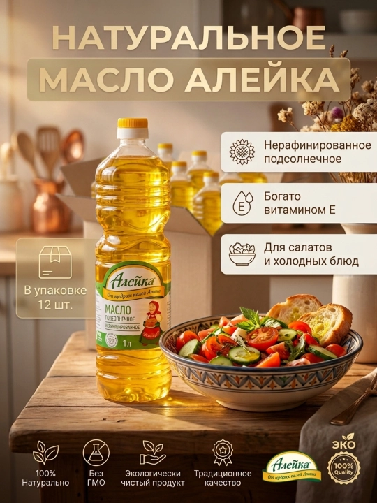 Tozalanmagan sovuq siqi Aleyka kungaboqar yog‘i 5l × 4 dona, 2.5l x 6 dona va 1l x 12 dona