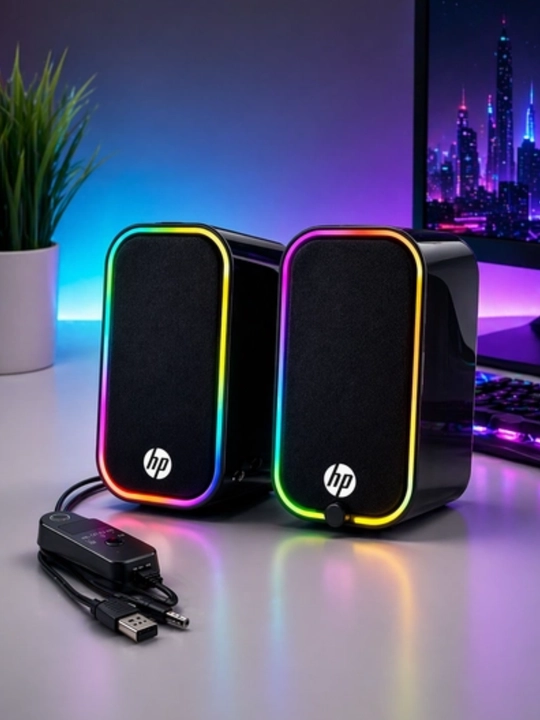 HP DHE-6004 RGB kompyuter karnayi, Stereo 2.0, USB + 3.5 mm AUX, qora
