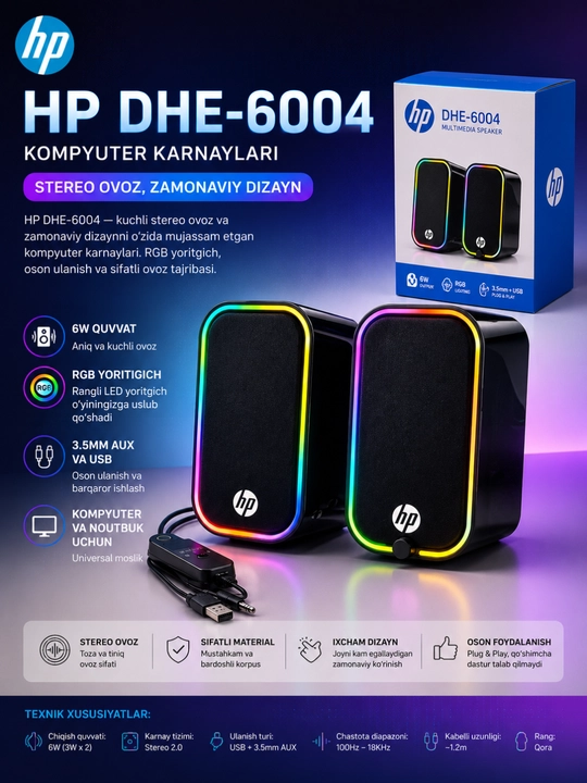 HP DHE-6004 RGB kompyuter karnayi, Stereo 2.0, USB + 3.5 mm AUX, qora - 