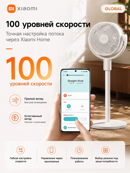 Xiaomi Smart Standing Air Circulation Fan, pol va stol usti uchun aqlli ventilyator, Wi-Fi