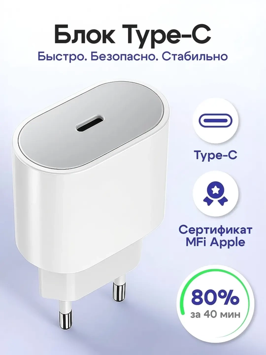 Зарядка для Айфона адаптер USB-C 20ват — быстрая зарядка для моделей iPhone 13,14,15,16,17