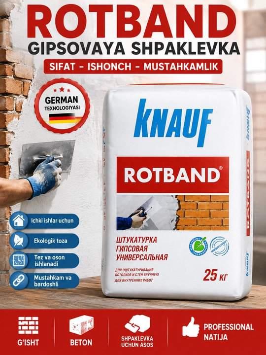 Knauf Rotband Gipsli Suvoq 25 kg – Ichki Devor va Shiftlar uchun  - 
