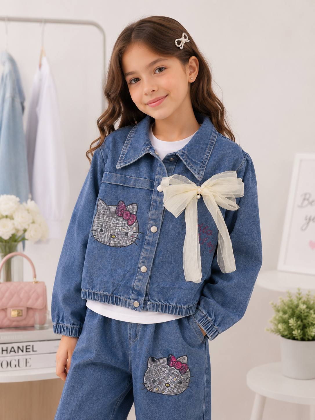 Джинсовый костюм для девочки, тройка, Hello Kitty, детский комплект, 8-13 лет