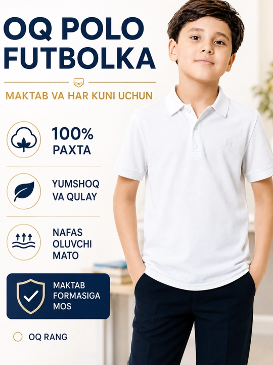 Oq polo futbolka o‘g‘il bolalar uchun, maktab formasi, paxtali, oq rang, 7-10 yosh - 
