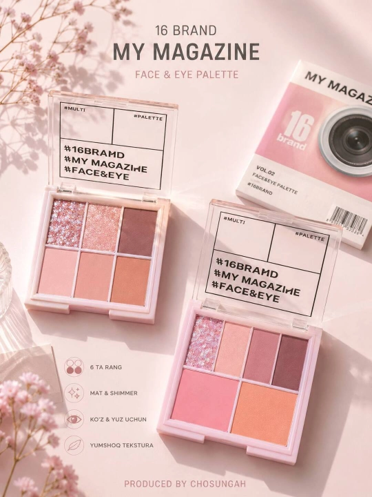 16 Brand My Magazine Палетка теней для век и румян 6 цветов, матовые и сияющие оттенки