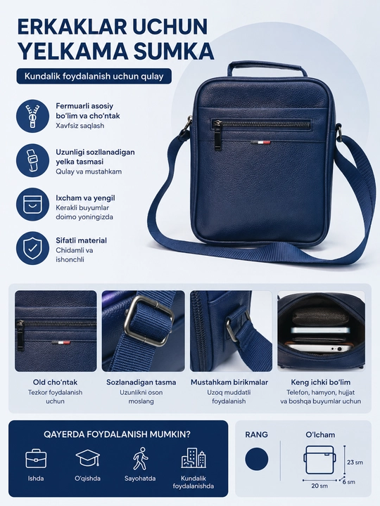 Erkaklar yelkama sumkasi, kundalik crossbody sumka, ko'k rang, fermuarli - 