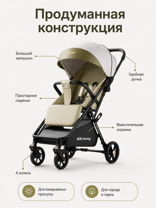 Детская прогулочная коляска складная с амортизацией большим капюшоном и сиденьем