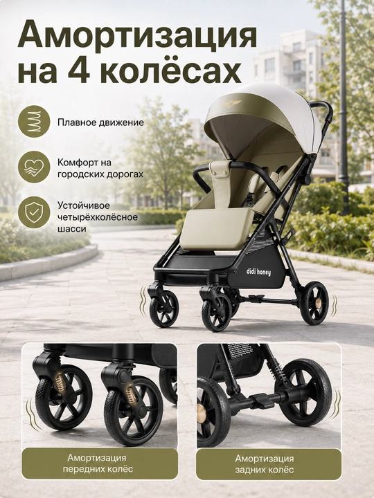 Детская прогулочная коляска складная с амортизацией большим капюшоном и сиденьем