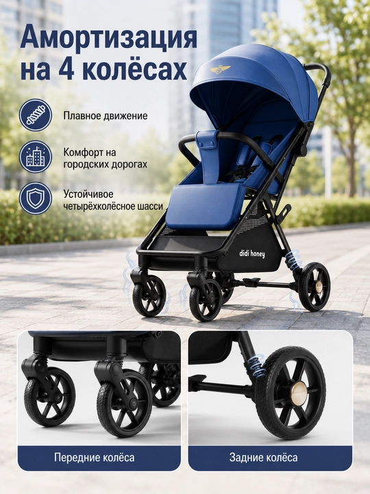 Детская прогулочная коляска складная с амортизацией большим капюшоном и сиденьем