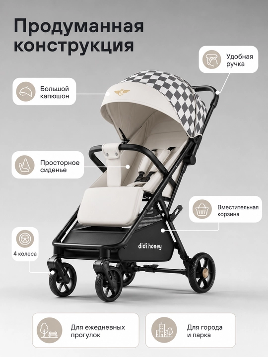 Детская прогулочная коляска складная с амортизацией большим капюшоном и сиденьем