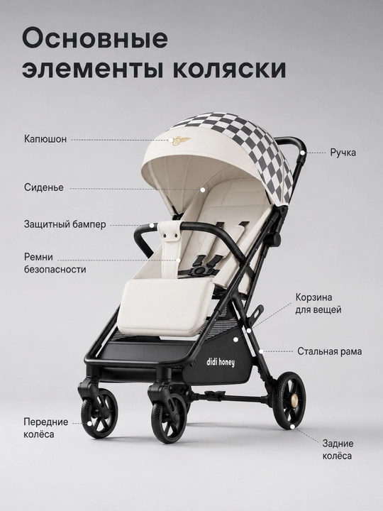 Детская прогулочная коляска складная с амортизацией большим капюшоном и сиденьем