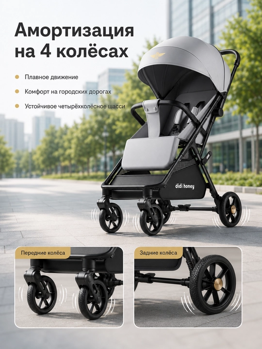 Детская прогулочная коляска складная с амортизацией большим капюшоном и сиденьем