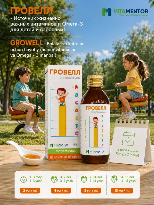 Гровелл сироп с Омега-3 и витаминами для роста, развития и иммунитета, вкус манго, 120 мл