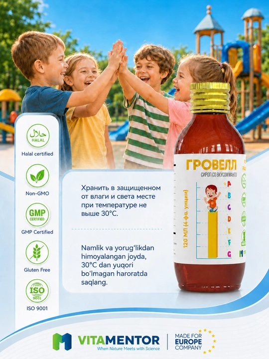 Гровелл сироп с Омега-3 и витаминами для роста, развития и иммунитета, вкус манго, 120 мл