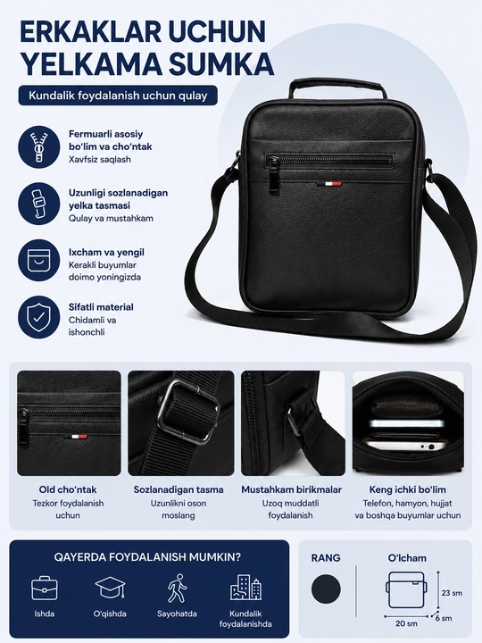 Erkaklar yelkama sumkasi, kundalik crossbody sumka, ko'k rang, fermuarli - 