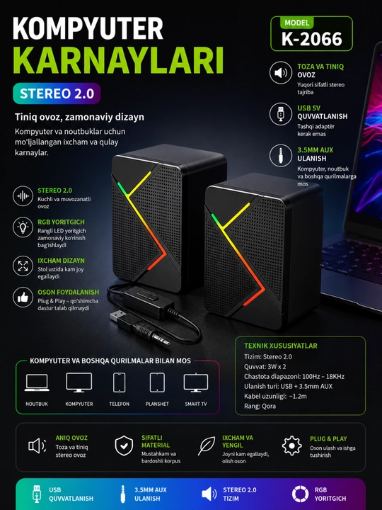 Компьютерные колонки K-2066 RGB, Stereo 2.0, USB + AUX 3.5 мм, черные - 
