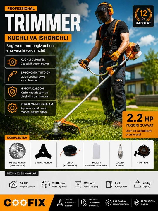 Benzinli Trimmer – Professional O’t O’rgich, Metall Pichoq + Leska, Bog’ va Tomorqa uchun