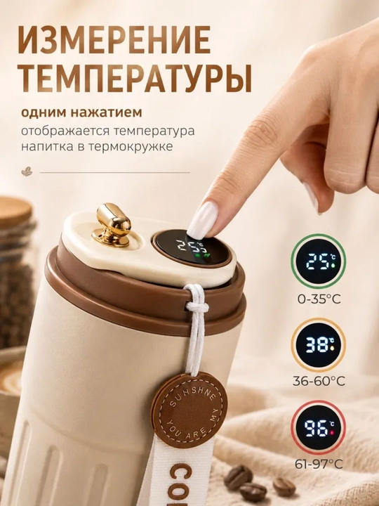 Термокружка для кофе, автомобильная, с датчиком температуры, 460 мл