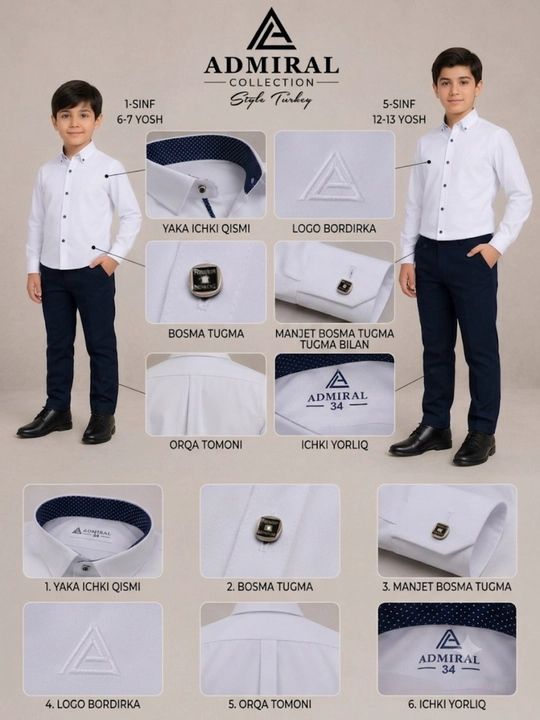Bolalar uchun maktab ko‘ylagi Admiral Collection, oq, 1–11-sinf, uzun yeng