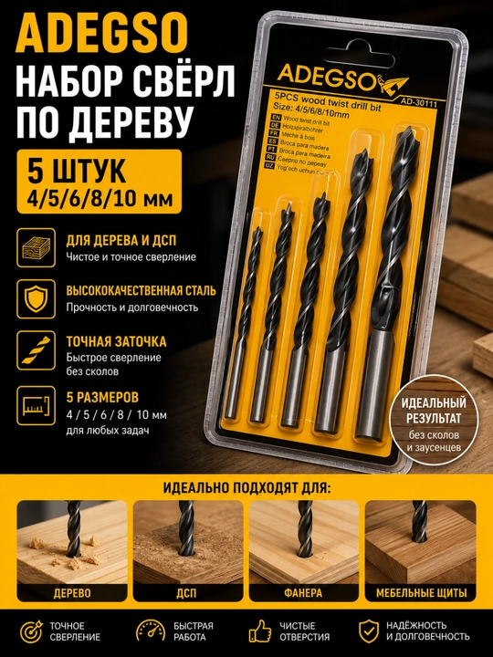 Набор сверл по дереву ADEGSO 5 шт – 4/5/6/8/10 мм - 