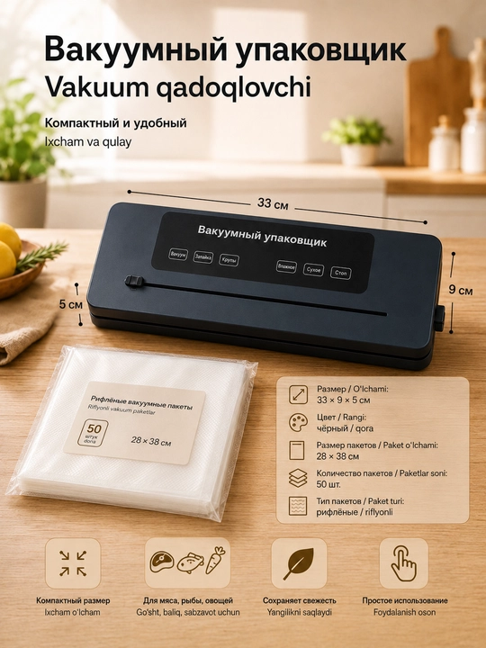 Вакууматор для продуктов, вакуумный упаковщик и запайщик пакетов