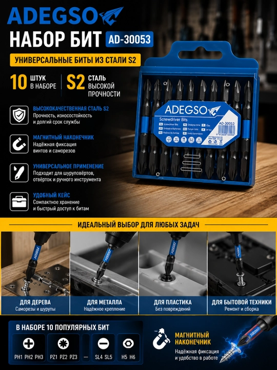 Набор бит ADEGSO AD-30053 – Универсальные биты из стали S2, 10 шт - 