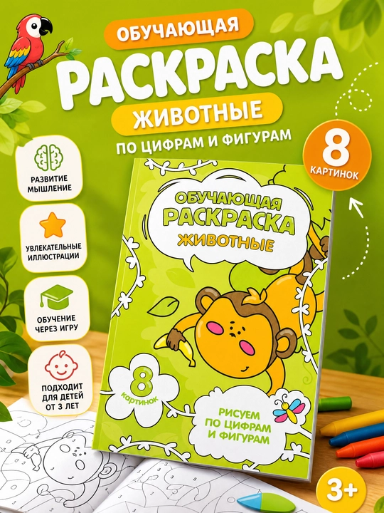 Раскраска обучающая Животные по цифрам и фигурам для детей 3+, 8 картинок - 
