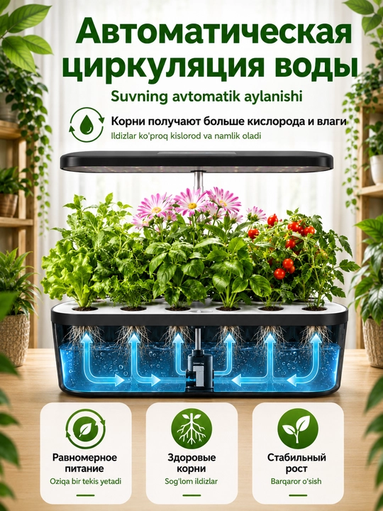 Гидропонная система с фитолампой полного спектра, 139 LED, 12 ячеек, 4 л, 4 режима, таймер
