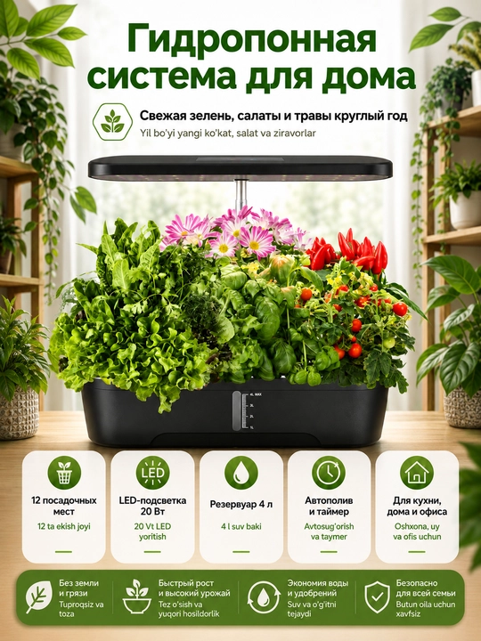 Gidroponika tizimi fitolampa bilan, 139 LED, 12 uyacha, 4 l, 4 rejim, taymer - 