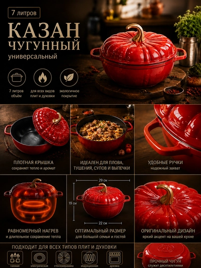 Кастрюля "Тыква", 7 л, чугун, эмалированное покрытие, для всех плит, с крышкой