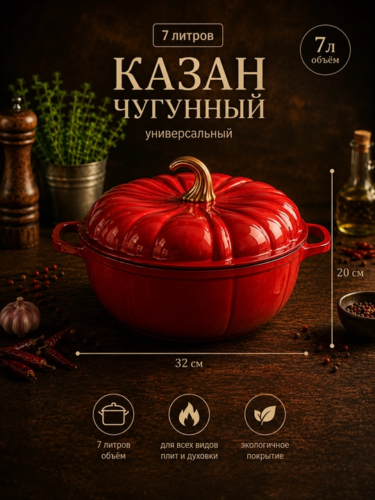 Кастрюля "Тыква", 7 л, чугун, эмалированное покрытие, для всех плит, с крышкой - 