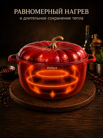 Кастрюля "Тыква", 7 л, чугун, эмалированное покрытие, для всех плит, с крышкой