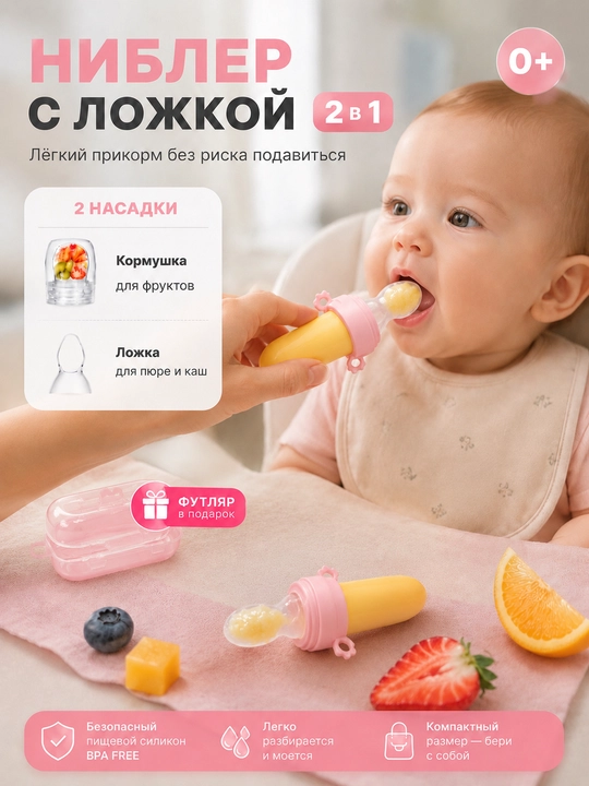 Ниблер 2 в 1, ложка-дозатор для прикорма, силиконовая, бутылка с ложкой - 