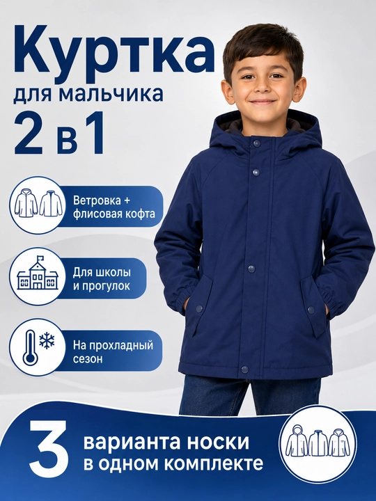 Куртка для мальчика зимняя 2 в 1, ветровка с флисовой кофтой и капюшоном, 90-150 - 