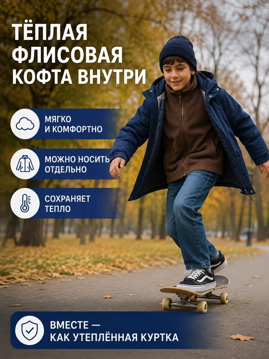 Куртка для мальчика зимняя 2 в 1, ветровка с флисовой кофтой и капюшоном, 90-150