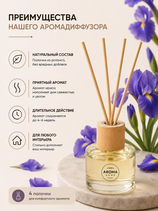 Аромадиффузор Aroma Home 50 мл с ротанговыми палочками