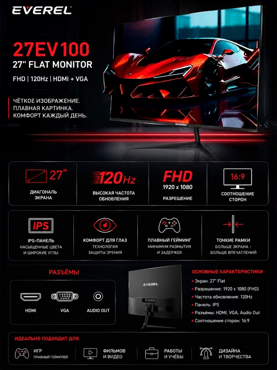 Монитор Everel 27EV100 27" дюймов Full HD 120Hz Flat monitor для игр офис, учеба, работа