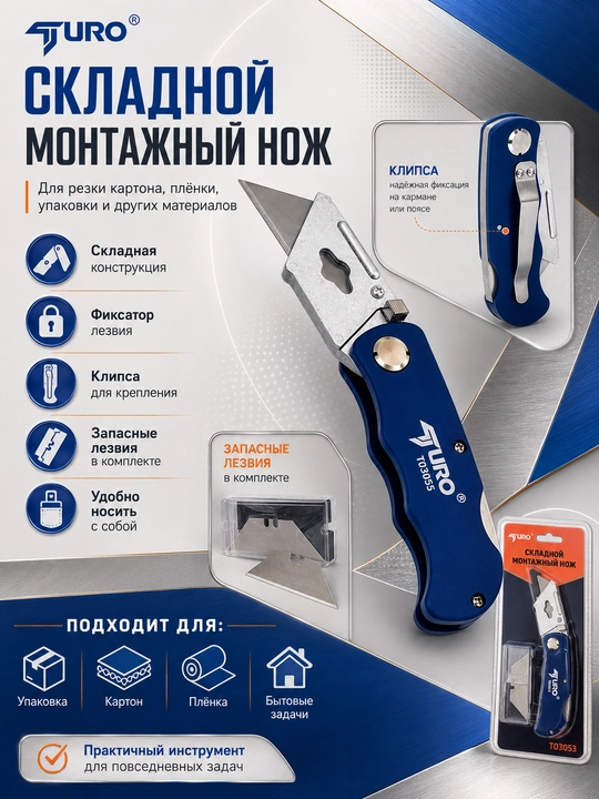 Складной монтажный нож — со сменными лезвиями и клипсой для крепления - 